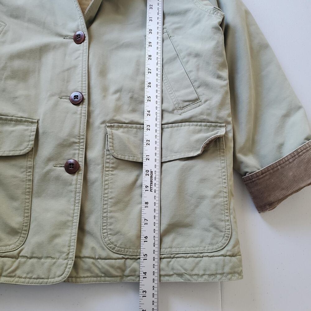 LL Bean Jacket Womens Medium Petite Green Canvas Barn Coat Corduroy Collar Lined - Picture 6 of 9